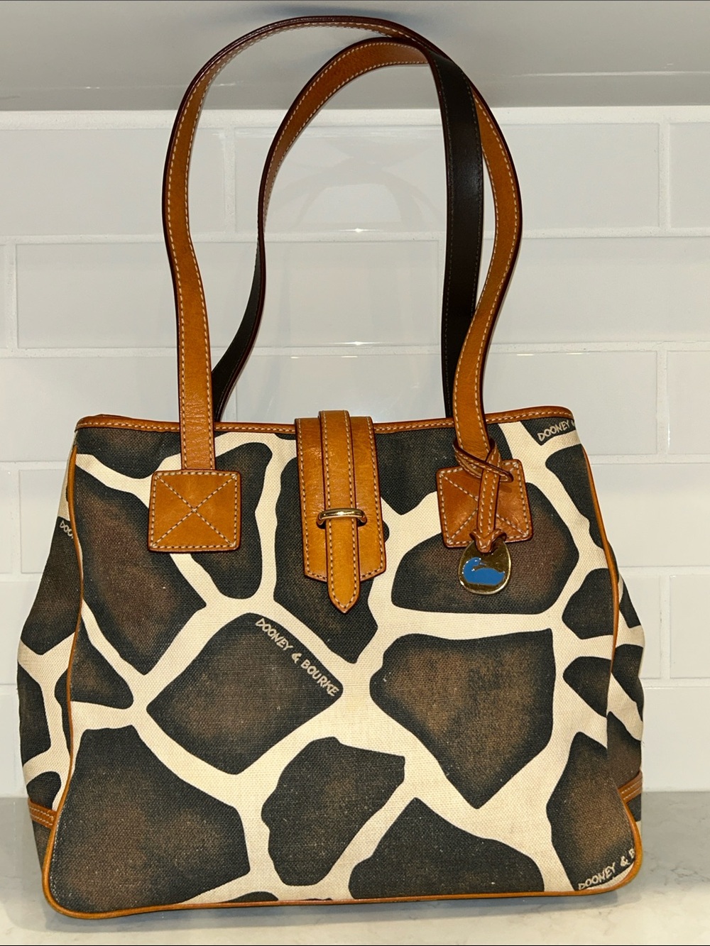 vintage Dooney & Bourke Giraffe Print Canvas Tote Bag
